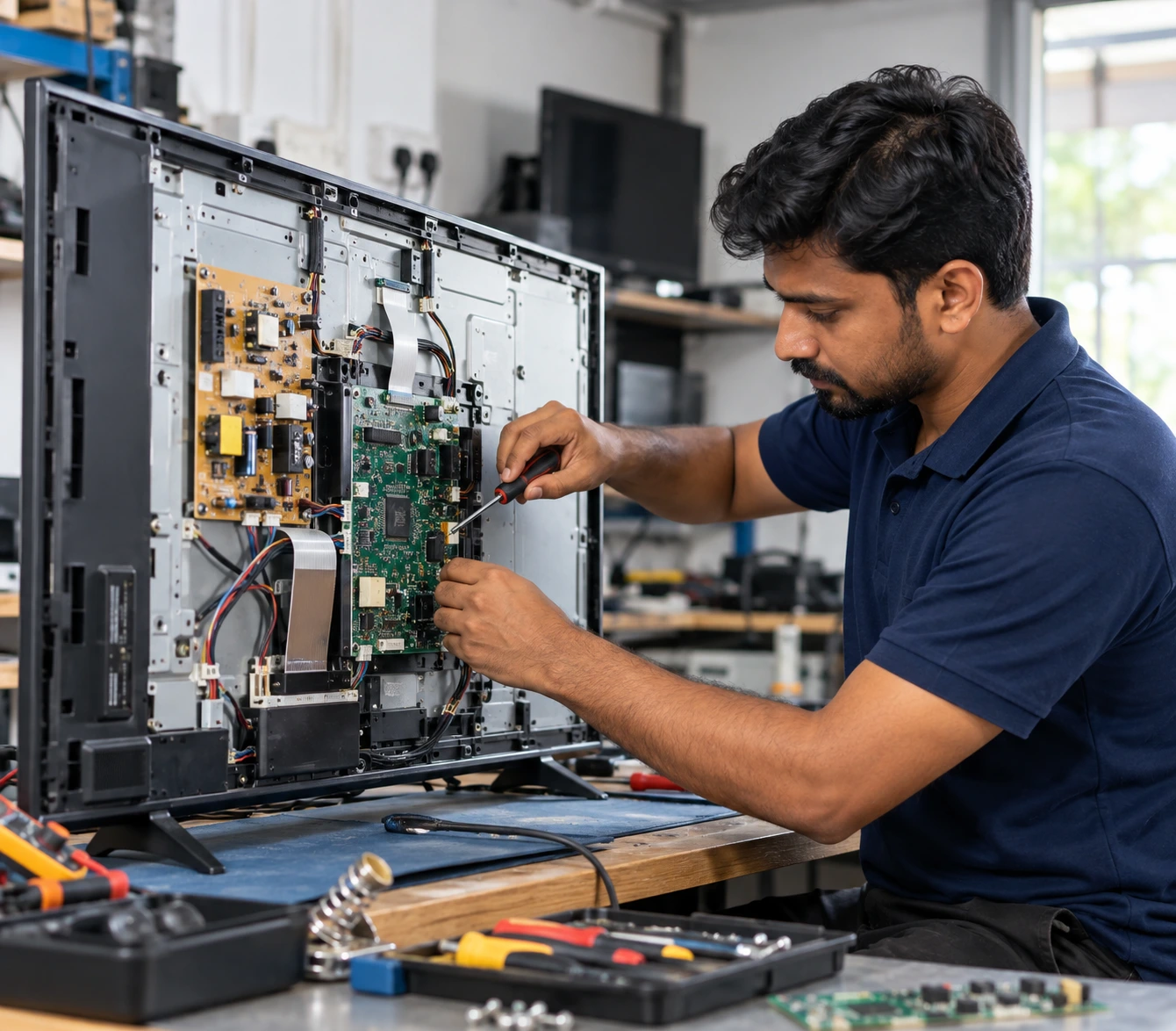 TV repair technician working on a television circuit board