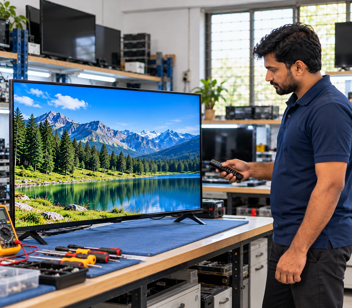 Technician testing a TV display