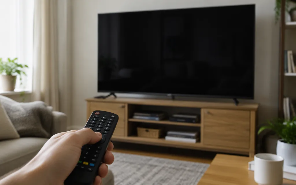 Hand pointing a remote at a TV that stays dark