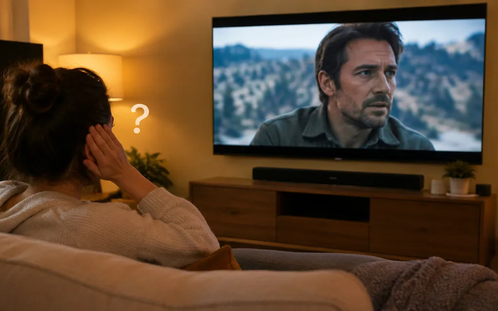 Viewer holding their ear while the TV picture plays without sound